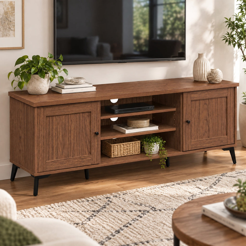 Airfind 2-Door TV Stand for TVs up to 65 Inch Mid Century Modern Entertainment Center, 176 lbs Capacity, Engineered Wood Metal Frame, Brown