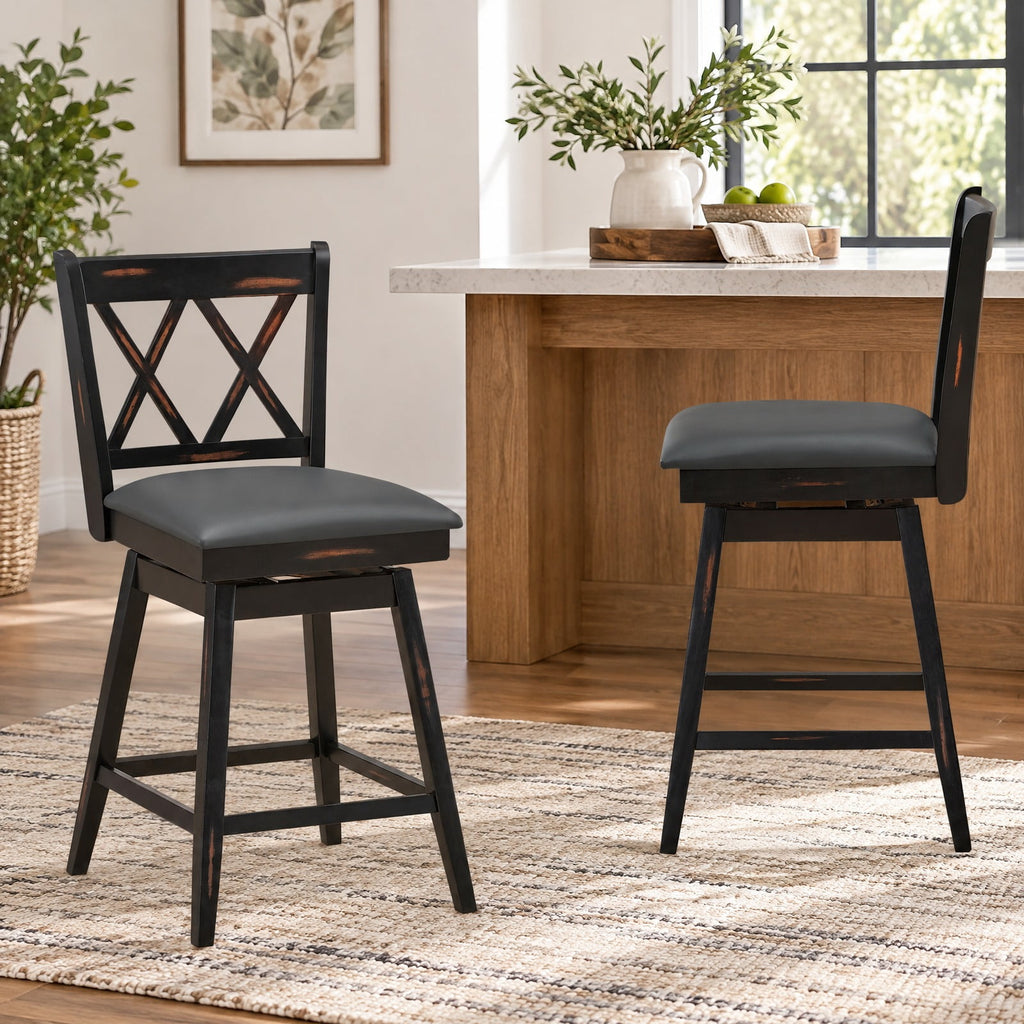 Airfind 2 Pieces 24 Inch Swivel Counter Height Barstool Set with Rubber Wood Legs, 264 lbs Capacity, PVC High density sponge rubber wood Frame