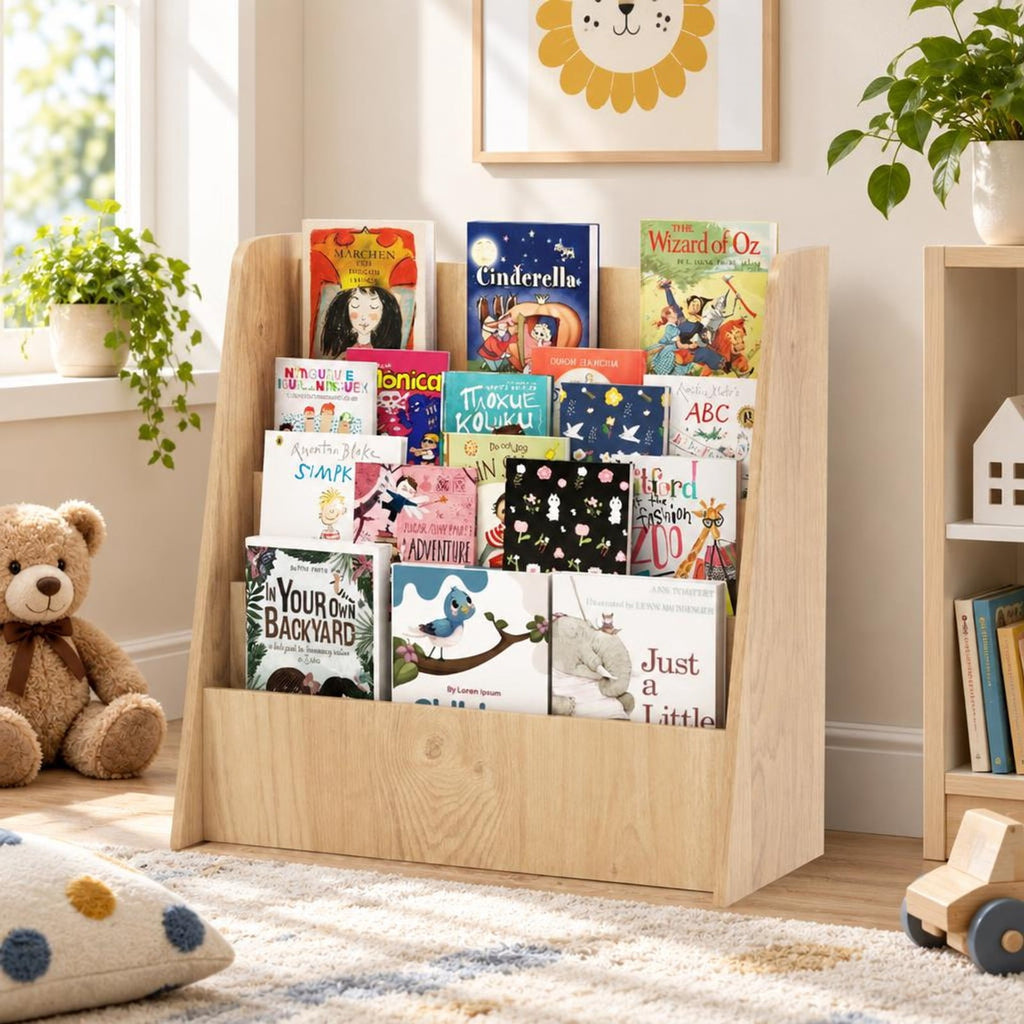 Airfind 4-Tier Kids Bookshelf with Deep Compartments for Bedroom, Natural, 4 open and deep compartments for book storage