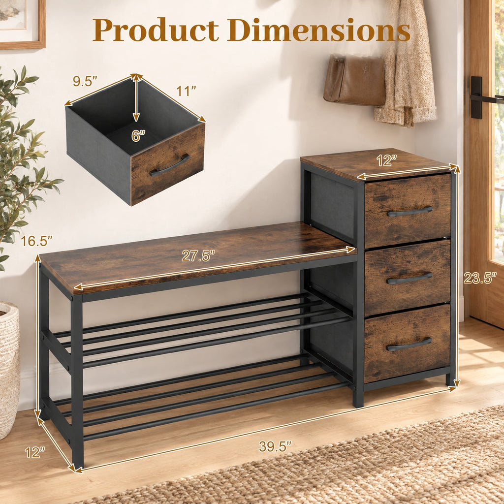 Airfind 3-Tier Industrial Shoe Bench with 3 Removable Fabric Drawers and Anti-toppling Kits, 209 lbs Capacity, Engineered Wood Frame, Brown