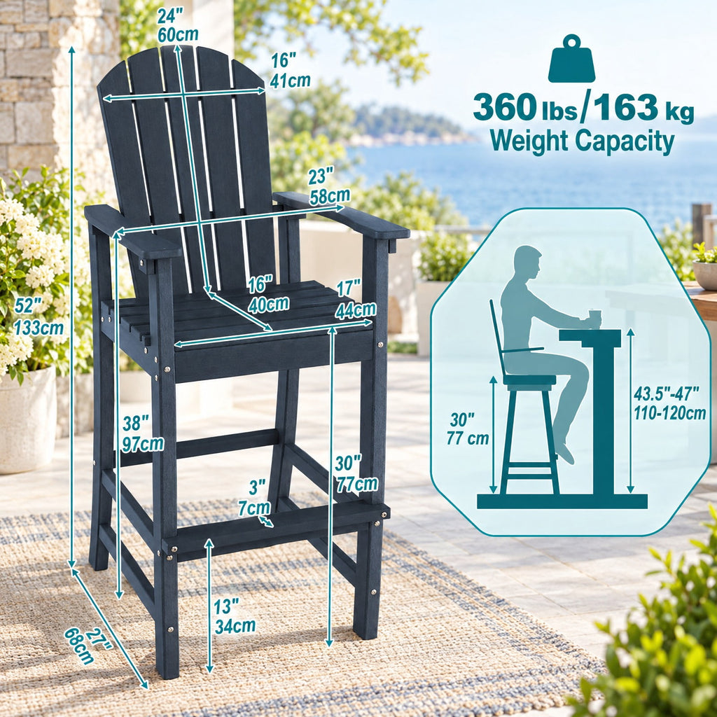 Airfind 30 Inches Counter Height Outdoor HDPE Bar Stool with Armrests and Footrest, 360 lbs Capacity, HDPE Frame, Navy