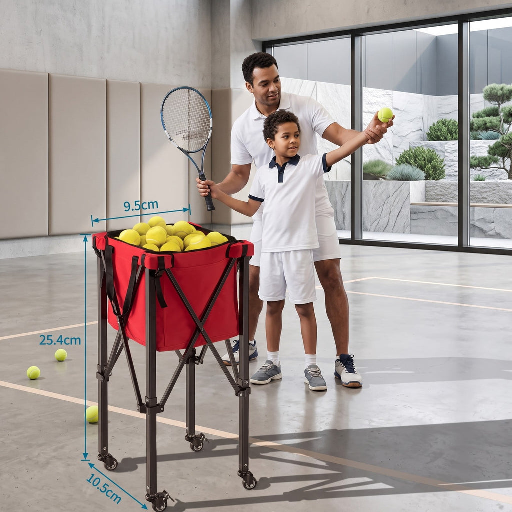 Airfind Foldable Tennis Ball Cart with Wheels and Removable Bag, Lightweight Aluminum Teaching Hopper Holds 150 Balls for Tennis Pickleball Badminton, Red