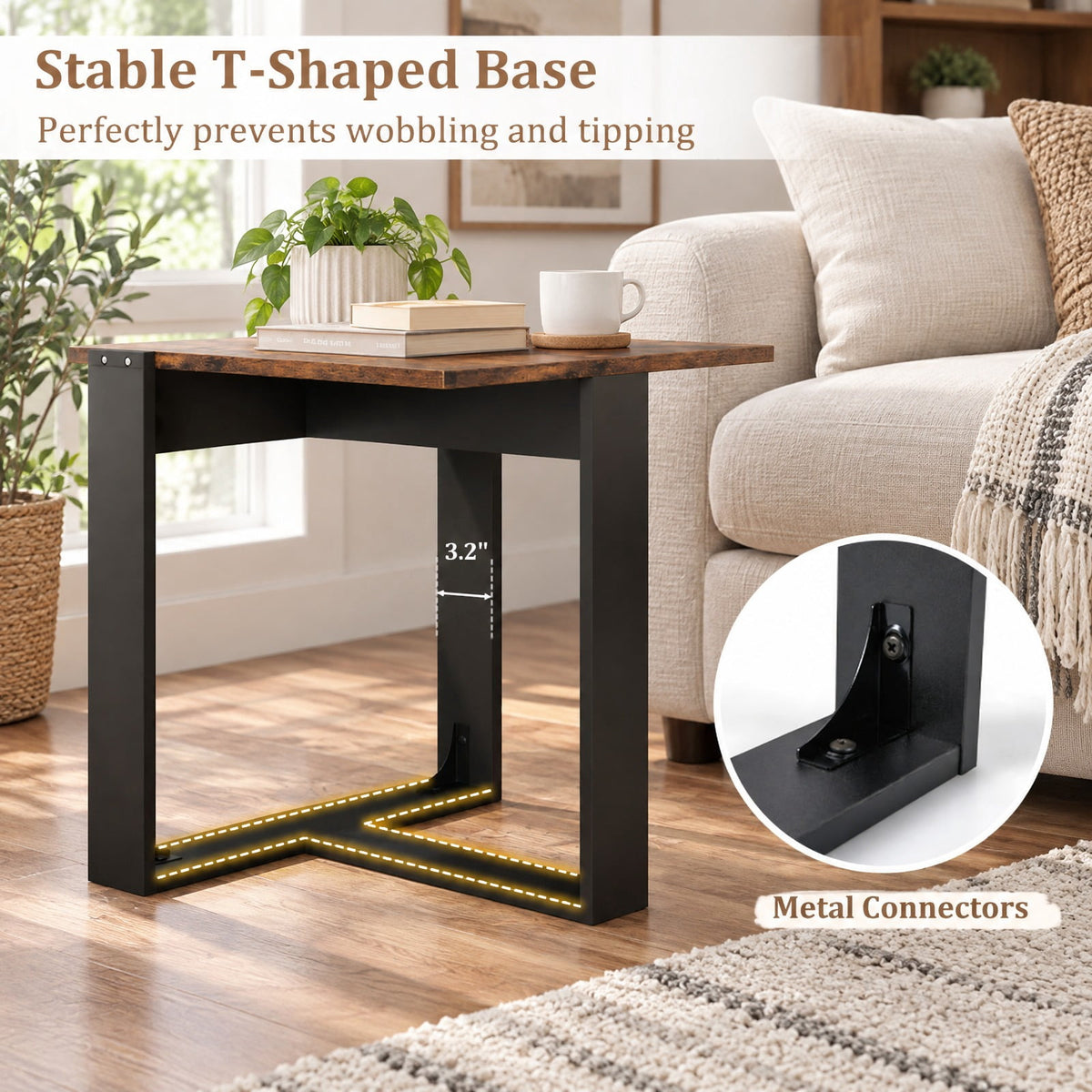Airfind Industrial Sofa End Table with Metal Frame-1, 110 lbs Capacity, Engineered Wood Metal Frame, 20 x 20 x 20 Footprint, Rustic Brown Black