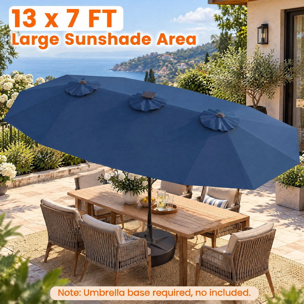 Airfind 13 FT Double-Sided Patio Umbrella with Color-Changing Flowing Solar LED Lights, Polyester Fabric Metal Frame, 13 x 7 ft Footprint, Navy
