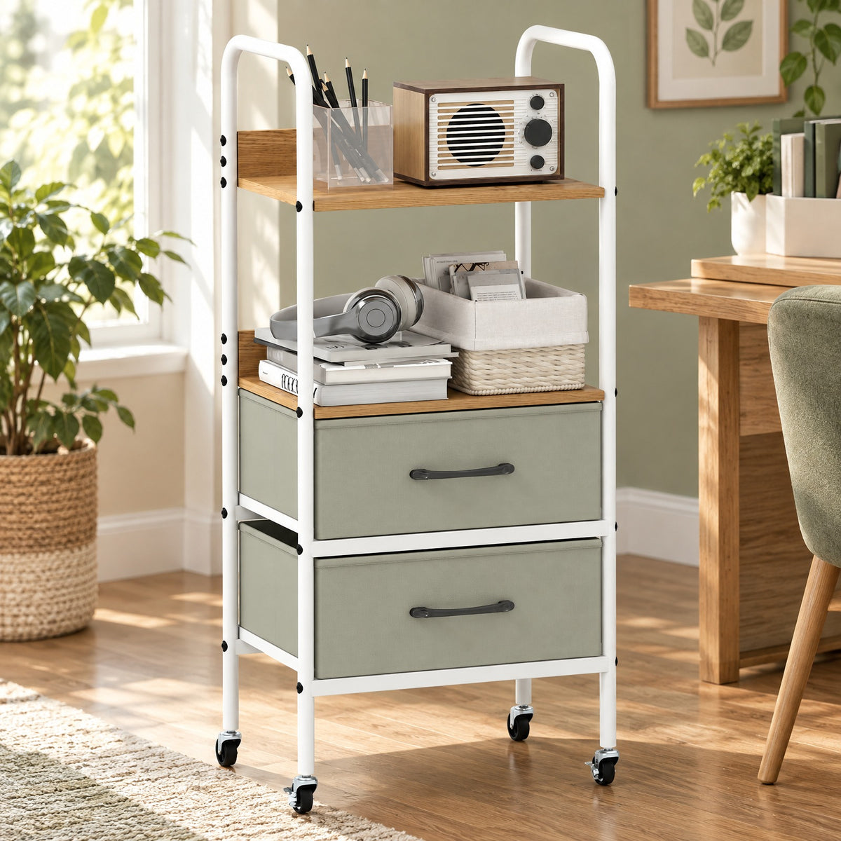 Airfind Rolling Utility Storage Cart with 2 Open Shelves and 2 Fabric Drawers, 22 lbs Capacity, Metal Engineered Wood Non-woven Fabric Frame