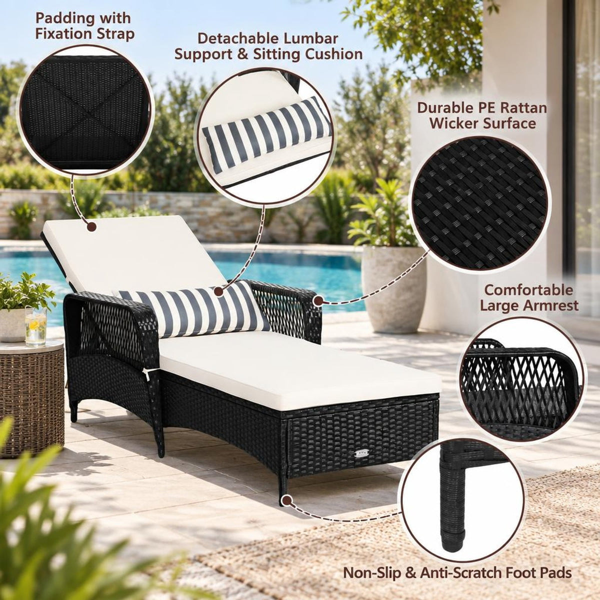 Airfind PE Rattan Armrest Chaise Lounge Chair with Adjustable Pillow, 400 lbs Capacity, Steel PE wicker rattan fabric foam Frame, White