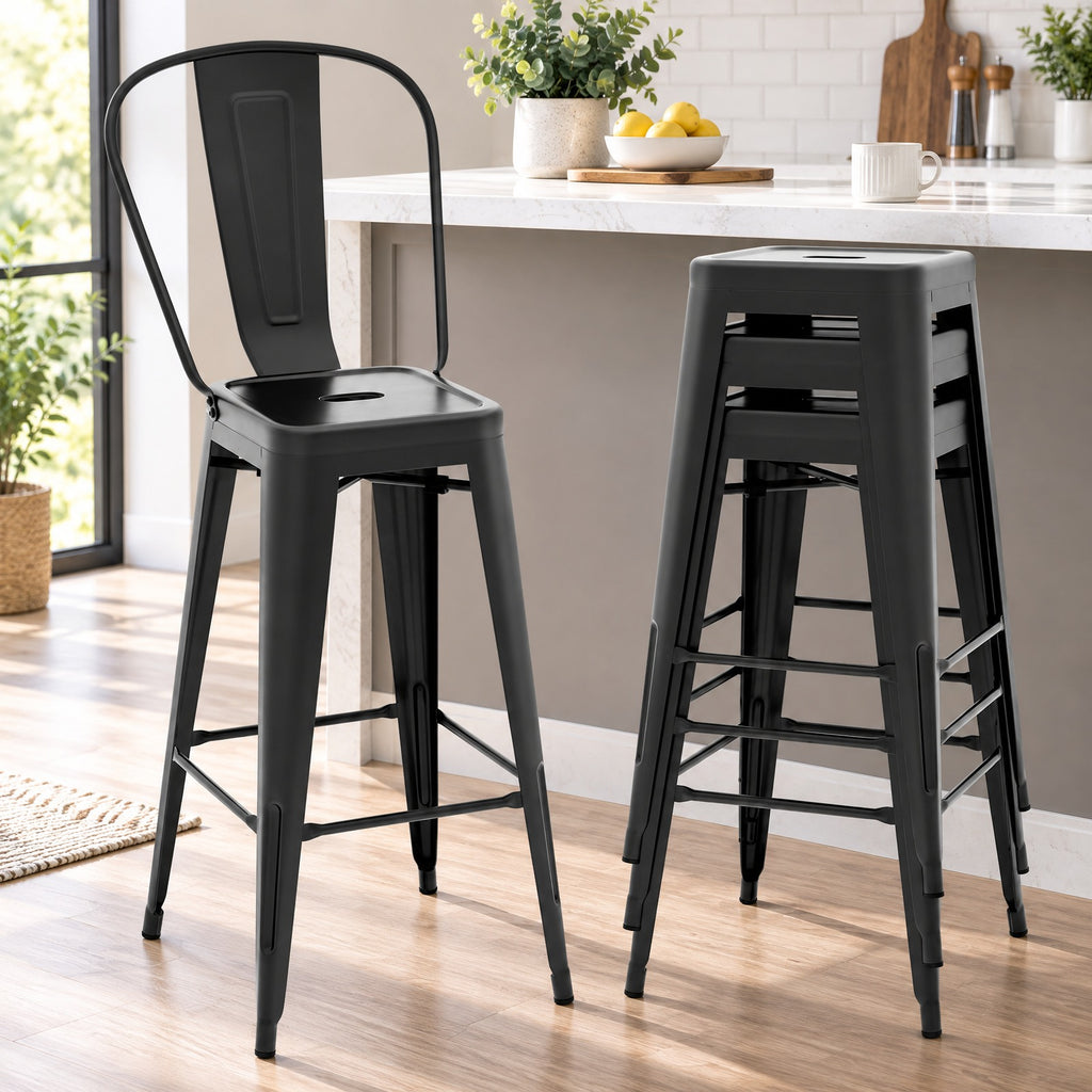 Airfind Set of 4 Bar Height Chairs Stackable Metal Bar Stools with Removable Backrest, Metal Frame, 18 Inch x 20.5 Inch x 46 Inch Footprint, Black