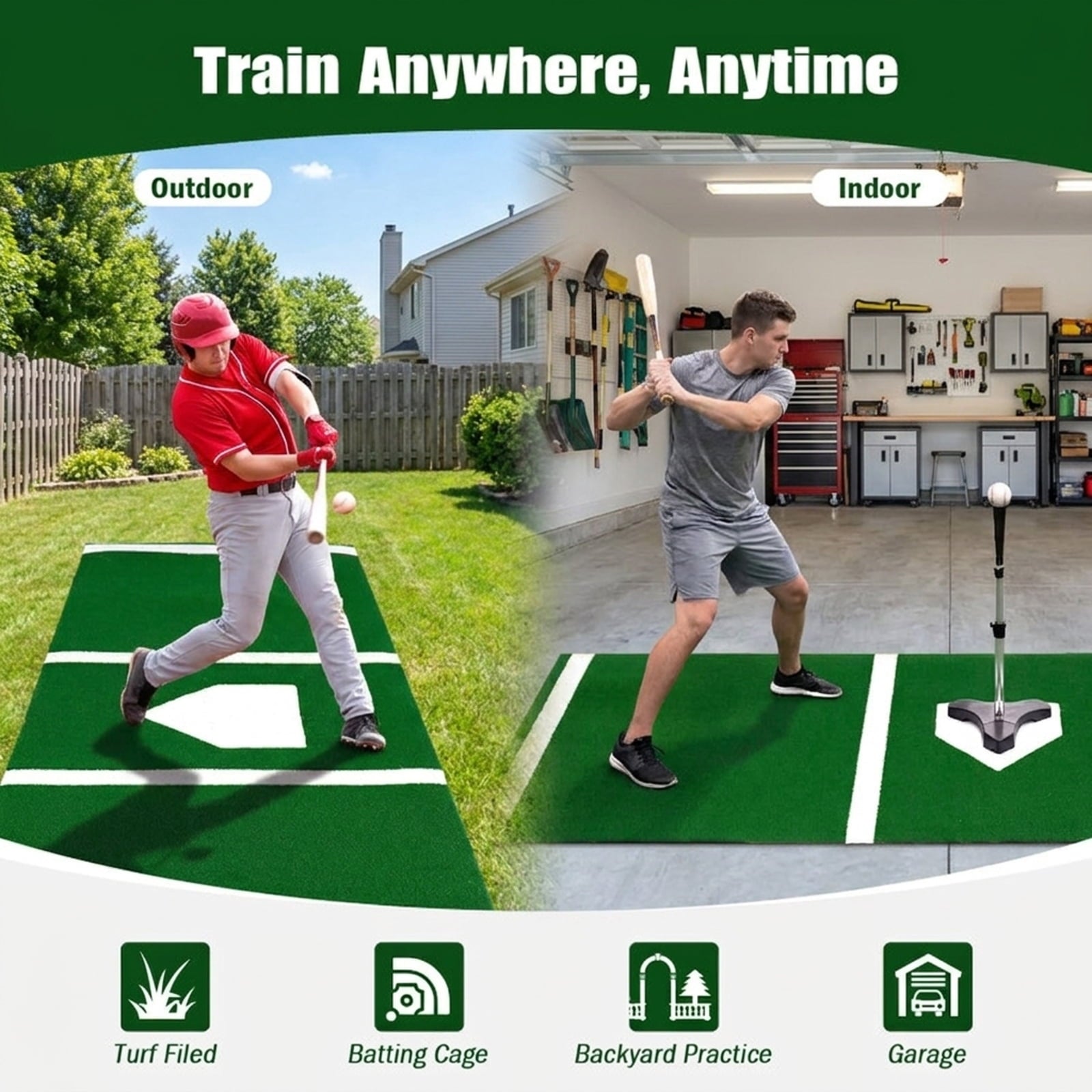 Airfind 10 ft x 3.8 ft Baseball and Softball Batter Practice Mat with Home Plate Markings, Green