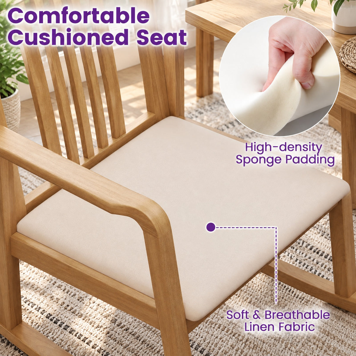 Airfind Rocking Chair with Slatted Back and Curved Armrests, 400 lbs Capacity, Rubber Wood Linen Fabric Sponge MDF Frame, 28 x 24 x 31 Footprint