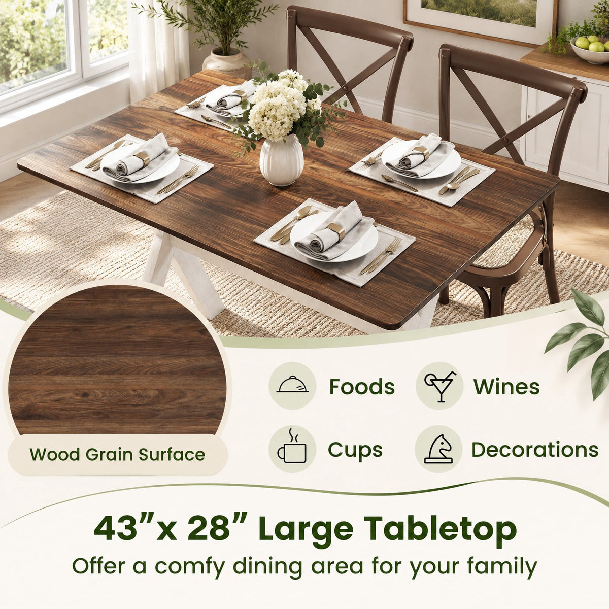 Airfind Modern Dining Table Wooden Kitchen Table with X-shaped Frame, 220 lbs Capacity, Rubber Wood MDF Frame, 43in x 28in x 30in Footprint, White
