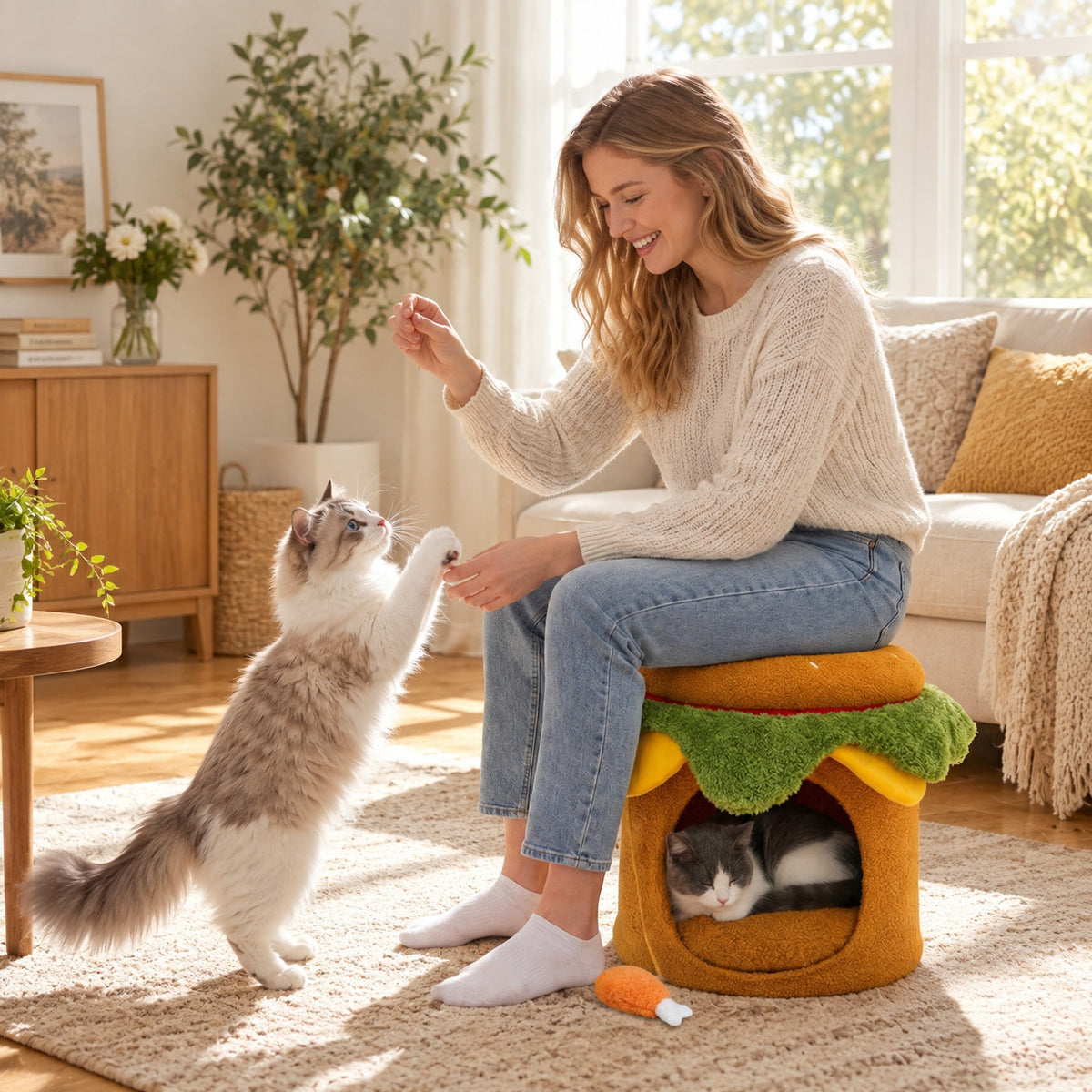 Airfind Hamburger Cat Nest with Chicken Drumstick Toy and Removable Cushion for Indoor Cats, 155 lbs Capacity, Yellow