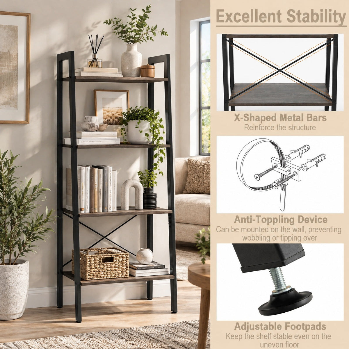 Airfind 4-Tier Bookshelf with Metal Frame and Adjustable Foot Pads, 200 lbs Capacity, Metal Engineered Wood Frame, Grey Oak