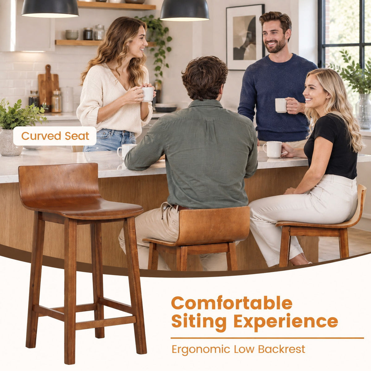 Airfind Wood Bar Stools Set of 2 with Solid Back and Seat, Brown, Ergonomically designed backrest fits your body curve, Brown/Black/White/Walnut