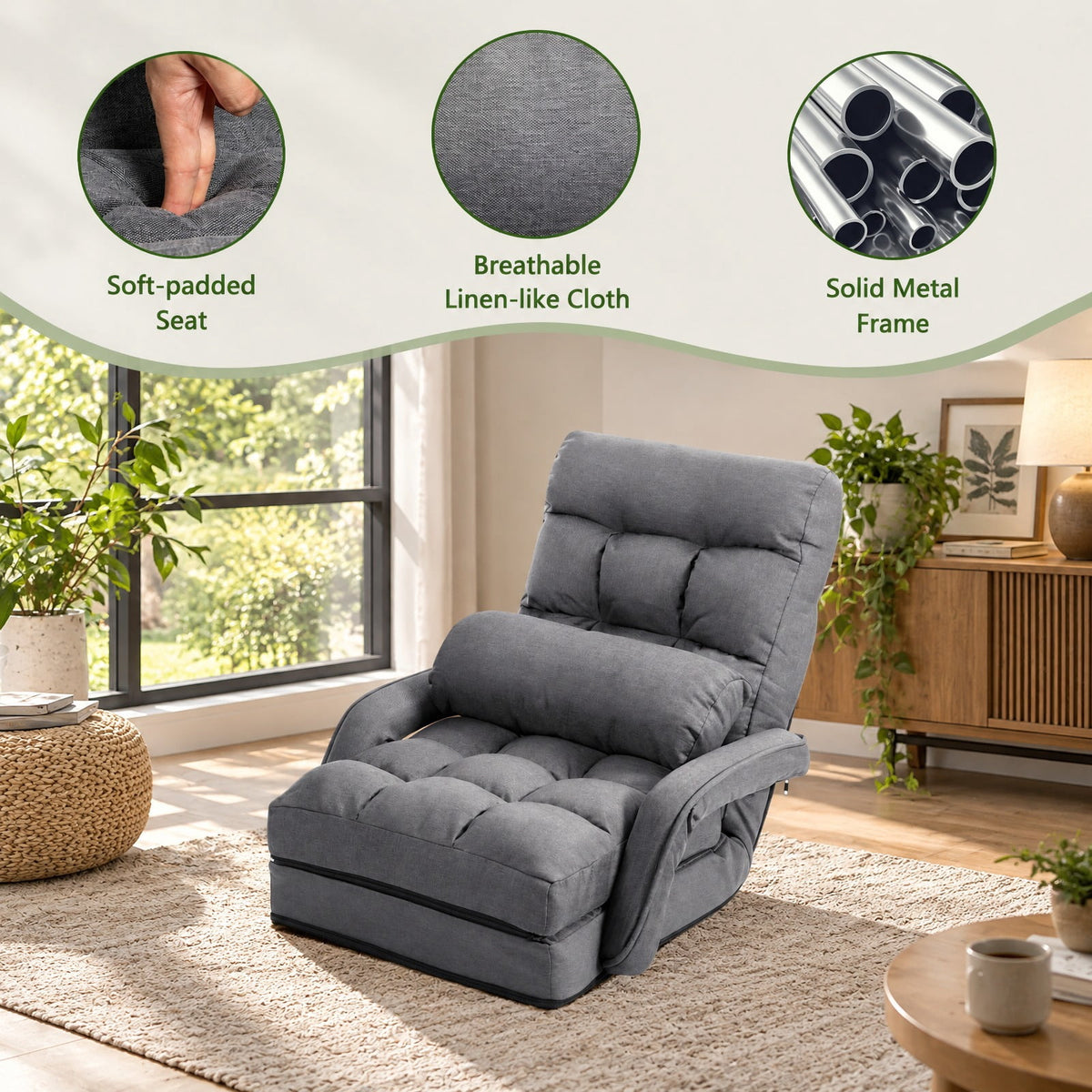Airfind Folding Lazy Floor Chair Sofa with Armrests and Pillow, Linen-like cloth steel sponge Frame, 22in x 26in x 29in Footprint, Gray
