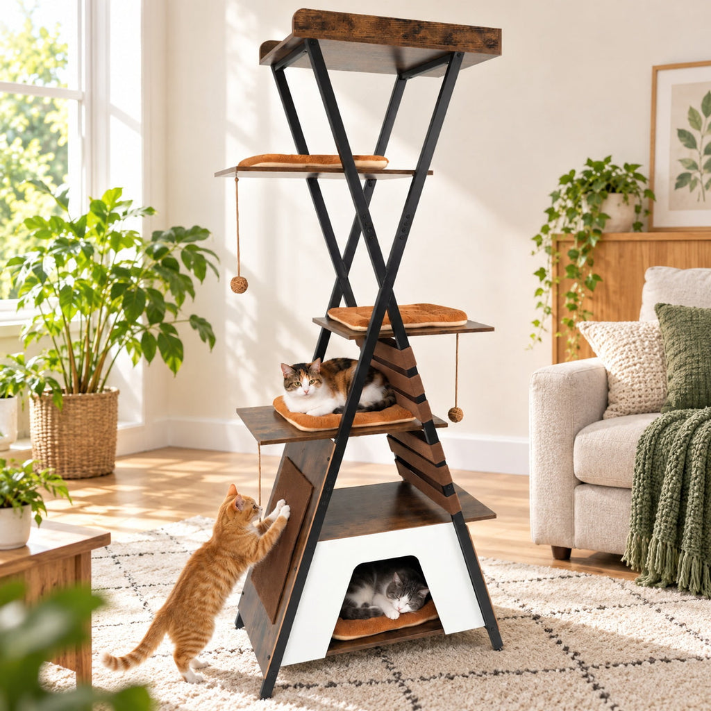 Airfind 73 Inch Multi-level Cat Tree for Indoor Cats with Elevated Perch and Large Condo, 44 lbs Capacity, Engineered Wood Frame, Green
