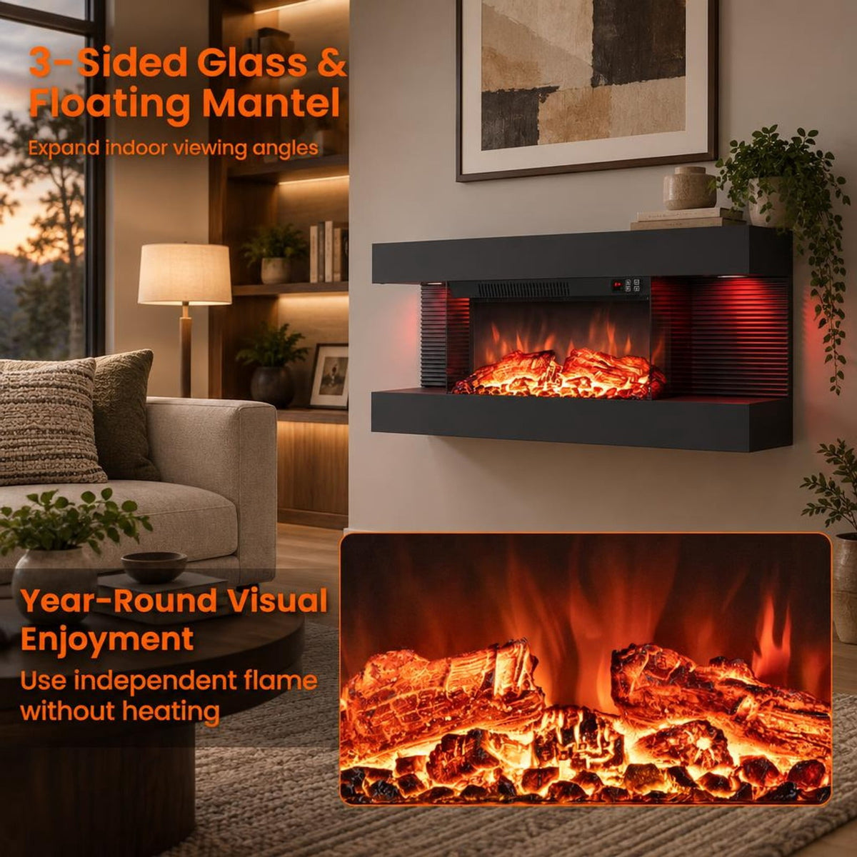 Airfind 3-Sided Black Wall Mount Electric WiFi Fireplace with Floating Mantel and 12 Flame Ambient-32 inches, Metal Tempered Glass Frame, Black