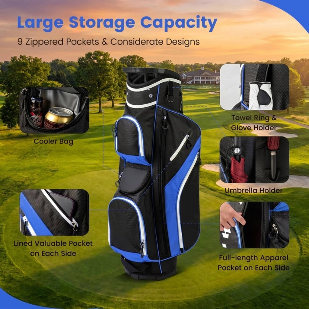 Airfind 14-Way Cart Bag with Rain Hood, Towel Ring and 9 Zippered Pockets, Blue