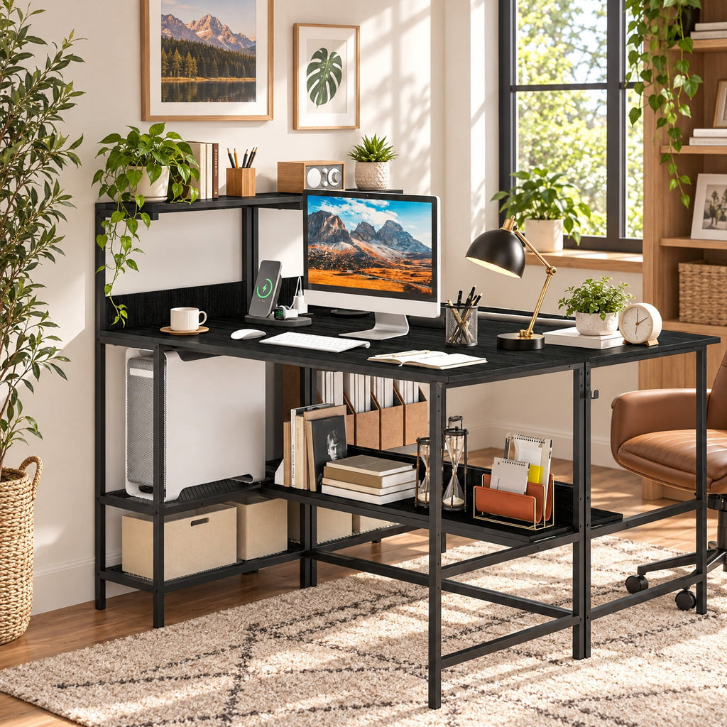 Airfind 48 Inch Computer Desk with Power Outlets and Storage Shelves, 88 lbs Capacity, Engineered Wood Metal Frame, 48 Inch x 23 Inch x 43.5 Inch Footprint