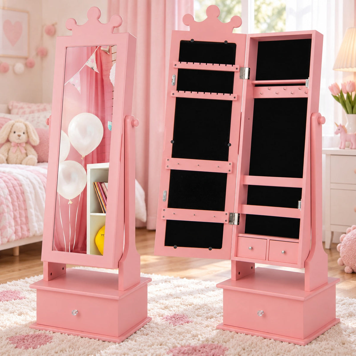 Airfind 2-in-1 Kids Play Jewelry Armoire with Full Length Mirror and Drawers, MDF Glass Frame, for 3+ Years Old, 13.5 x 12 x 40.5/44.5 Footprint