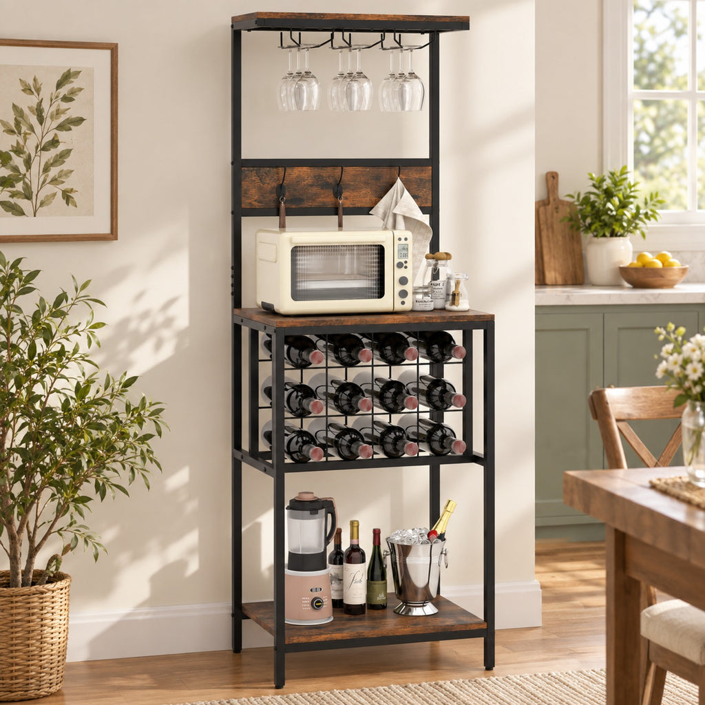 Airfind Freestanding Wine Rack Floor Wine Bar Cabinet with Glass Racks, 200 lbs Capacity, Engineered Wood Metal Frame, Brown
