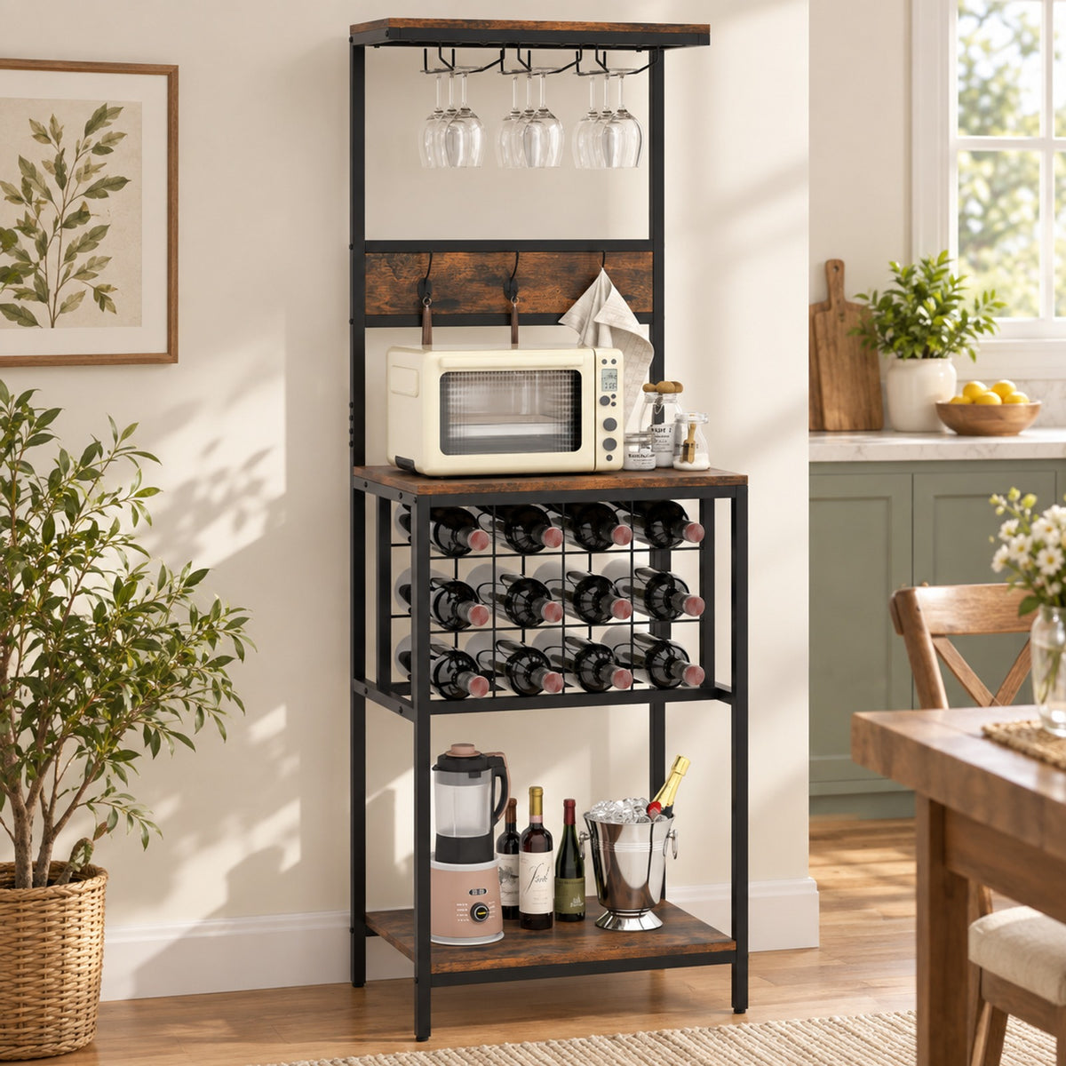 Airfind Freestanding Wine Rack Floor Wine Bar Cabinet with Glass Racks, 200 lbs Capacity, Engineered Wood Metal Frame, Brown