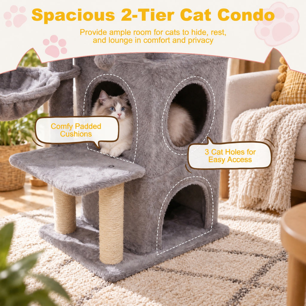 Airfind 33.5 Inch Cute Kitten Tower with 2-Tier Condo and Padded Top Perch, 22 lbs Capacity, Engineered Board Sisal Plush Fabric PP Polyester Frame