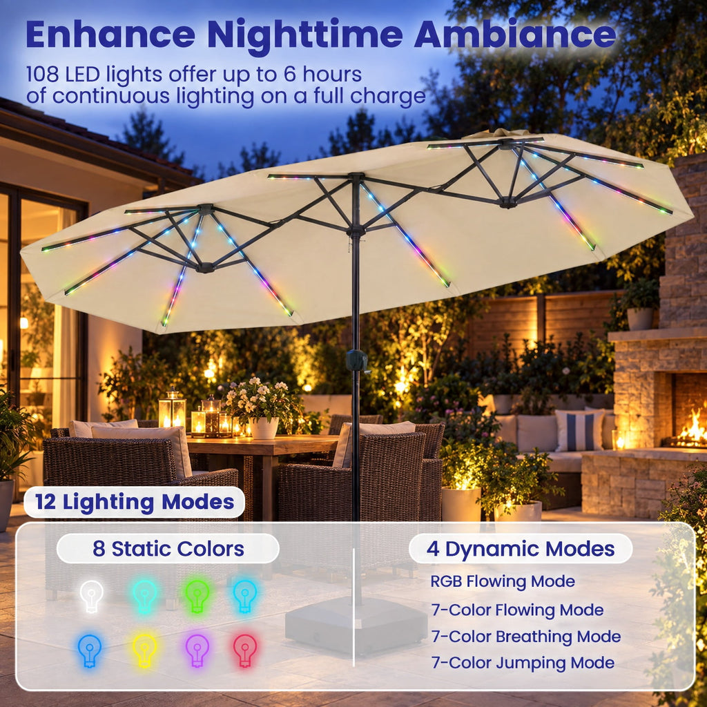 Airfind 13 FT Double-Sided Patio Umbrella with Color-Changing Flowing Solar LED Lights, Polyester Fabric Metal Frame, 13 x 7 ft Footprint, Beige