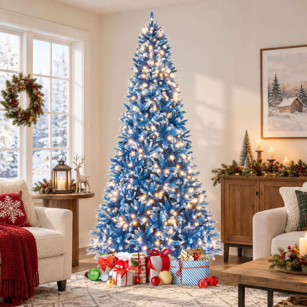 Airfind 6/7/8/9 FT Artificial Christmas Tree with 767 Snowy Branch Tips-9 FT, PVC Metal Frame, 3.1 x 6 ft Footprint, Blue