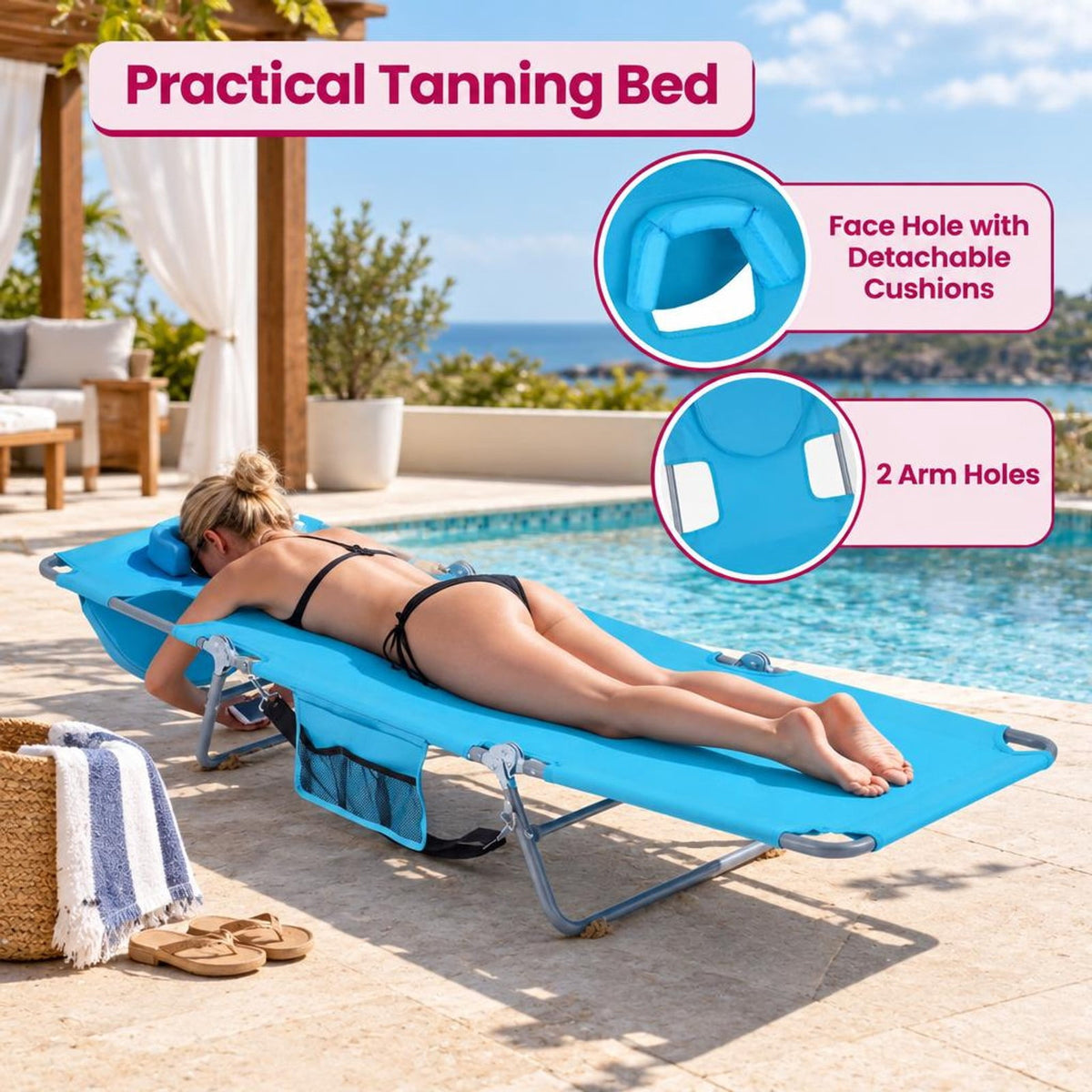 Airfind Folding Beach Lounge Chair with Adjustable Backrest for Lawn, 330 lbs Capacity, Metal Oxford Fabric Polyester Sponge Frame