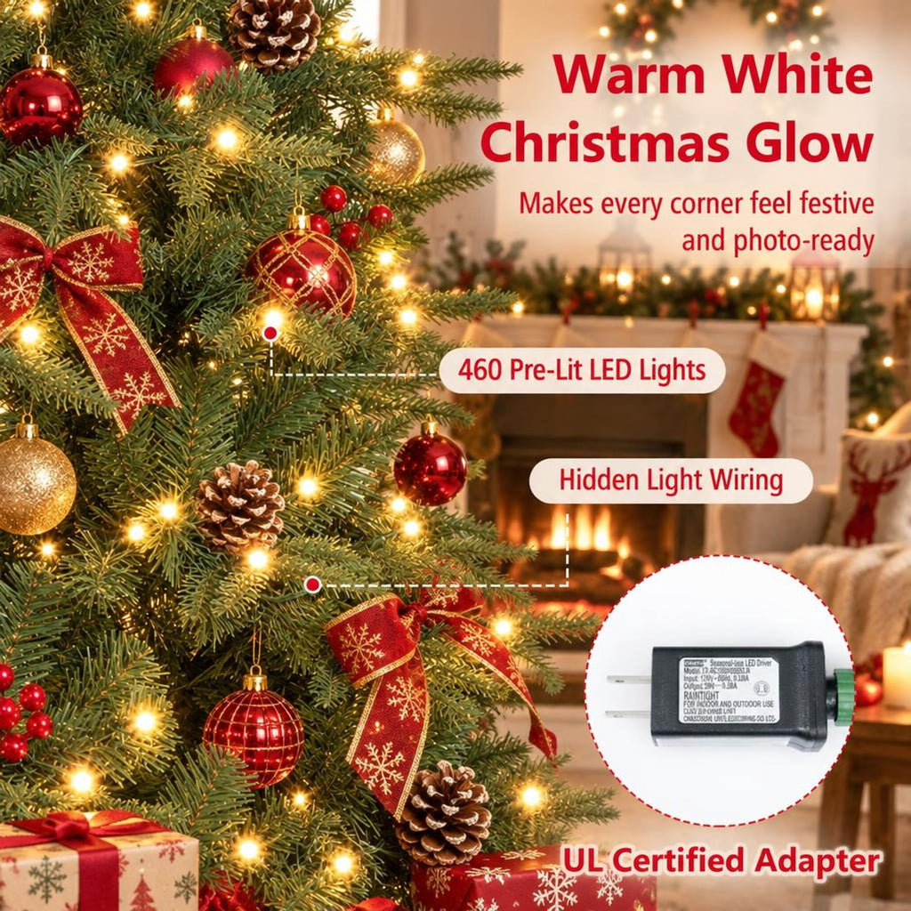 Airfind 7 ft Pre-Lit Artificial Christmas Tree with 460 Warm White LED Lights, 61 Pine Cones, 925 Branch Tips and Folding Metal Stand, Green