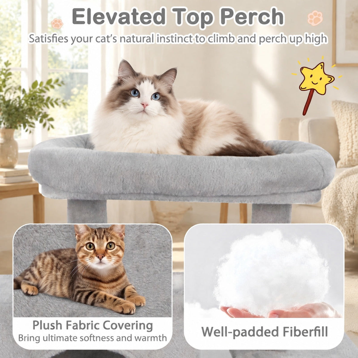 Airfind Large Cat Tree for Indoor Cats 70 Tall Cat Tower, 33 lbs Capacity, Plush Fabric Sisal Engineered Wood Overall Height 70 Base Frame