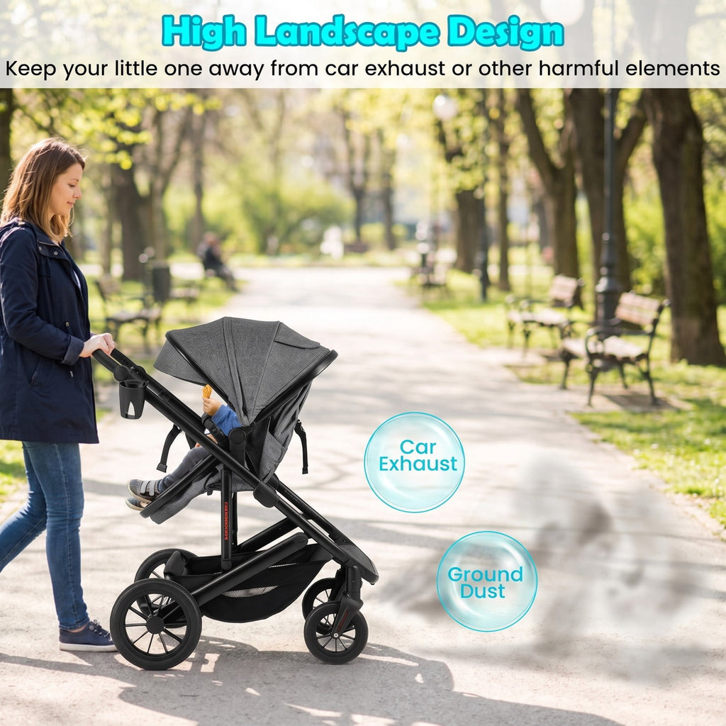 AIRFIND Baby Stroller with Reversible Seat, Bassinet Mode, Adjustable Handle and Canopy, Folding Aluminum Frame, Diaper Bag and Footmuff, Gray