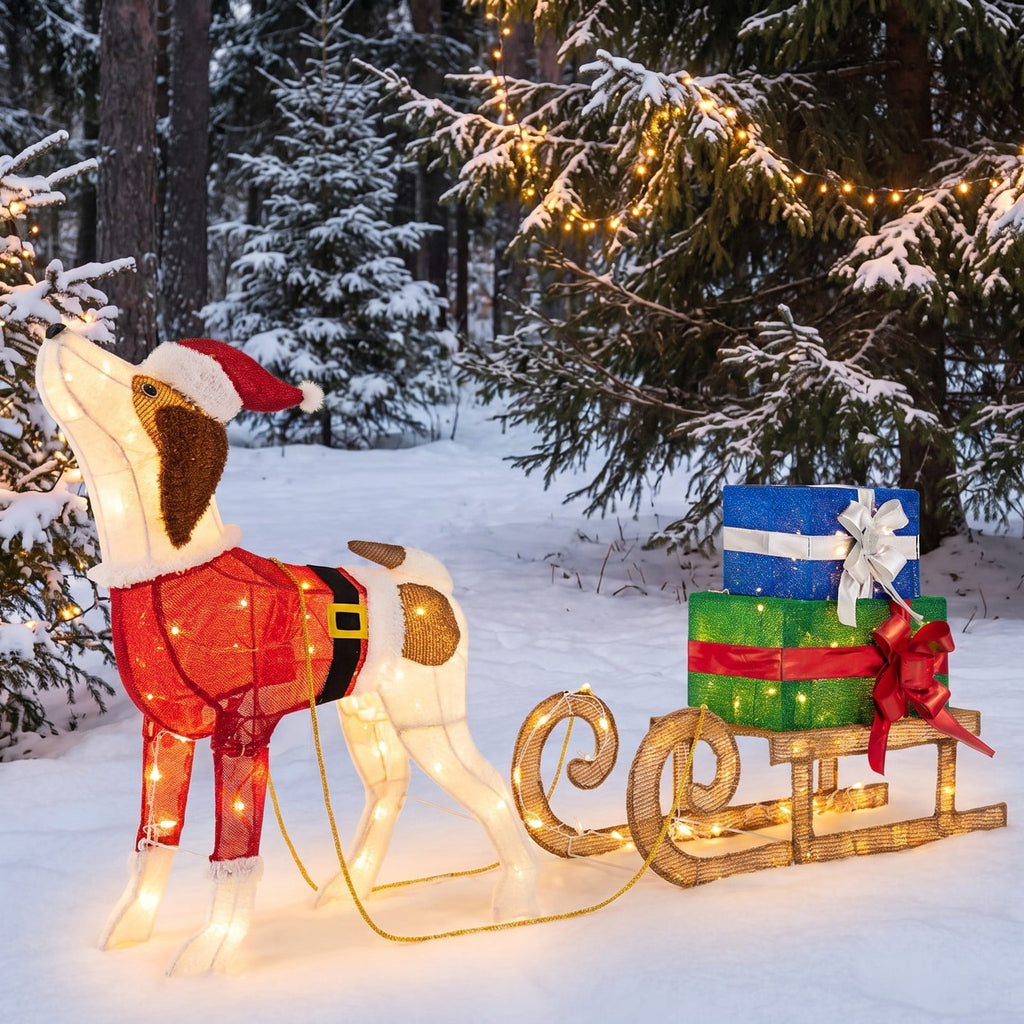 Airfind Outdoor Pre-lit Xmas Dog and Sleigh with 170 Warm Bright Lights for Porch, Fabric Metal
