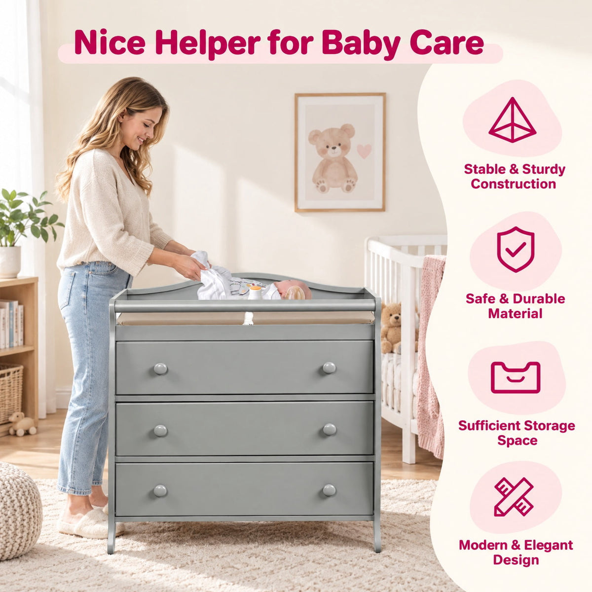 AIRFIND Baby Changing Table with Three Storage Drawers, Raised Changing Top and Restraint Belt, Wood and MDF Nursery Dresser, Gray