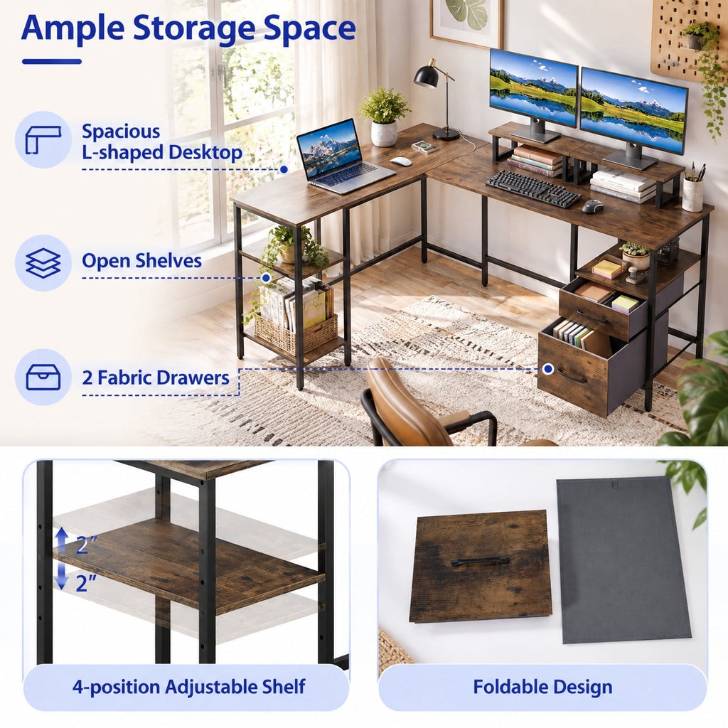 Airfind L Shaped Desk with Power Outlet Reversible Computer Desk with Monitor Stands, 155 lbs Capacity, Engineered Wood Metal Fabric Frame, Brown