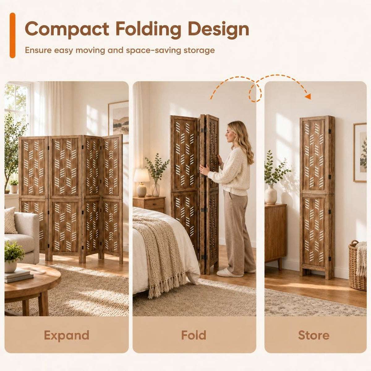Airfind 5.5 FT Tall Room Divider 4 Panels with Wave Cutout Paulownia Frame for Room, Paulownia Wood Metal Frame, 62 x 67 Footprint, Brown