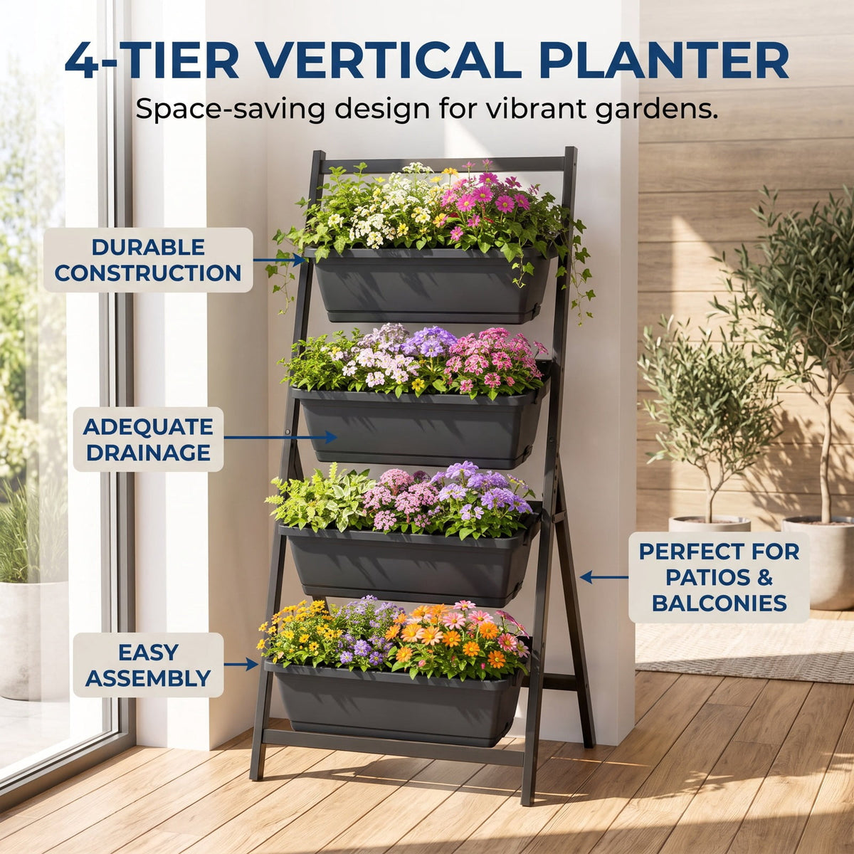 Airfind 4-Tier Vertical Raised Garden Bed with 4 Containers and Drainage Holes, Plastic Metal Frame, 26 x 20 x 49 Footprint, Black