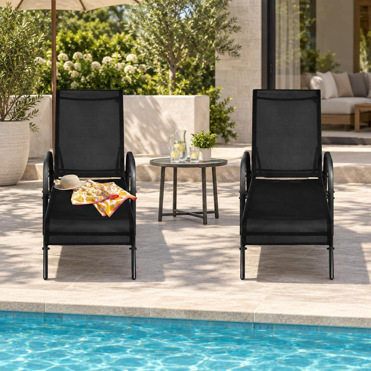 Airfind 2 Pcs Outdoor Patio Lounge Chair Chaise Fabric with Adjustable Reclining Armrest, Fabric Steel Horizontal Frame, Black