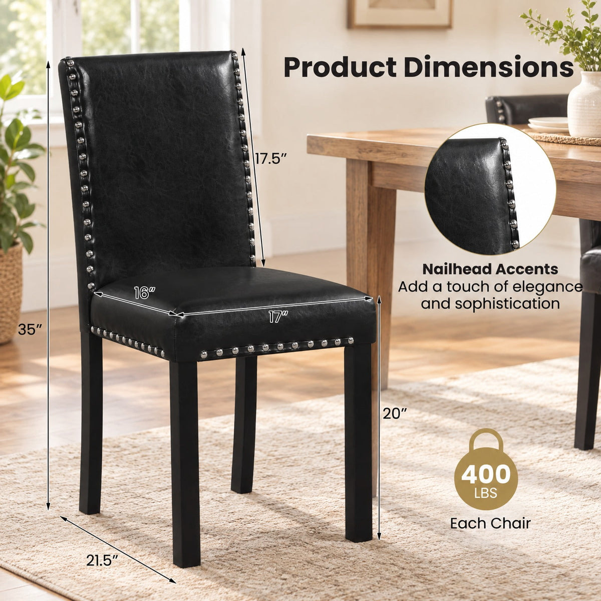 Airfind Set of 2 Dining Chairs with Solid Rubber and Wood Legs, Chair 400 lbs Capacity, Rubber Wood Bent Wood PVC Leather Sponge MDF Frame, Wood