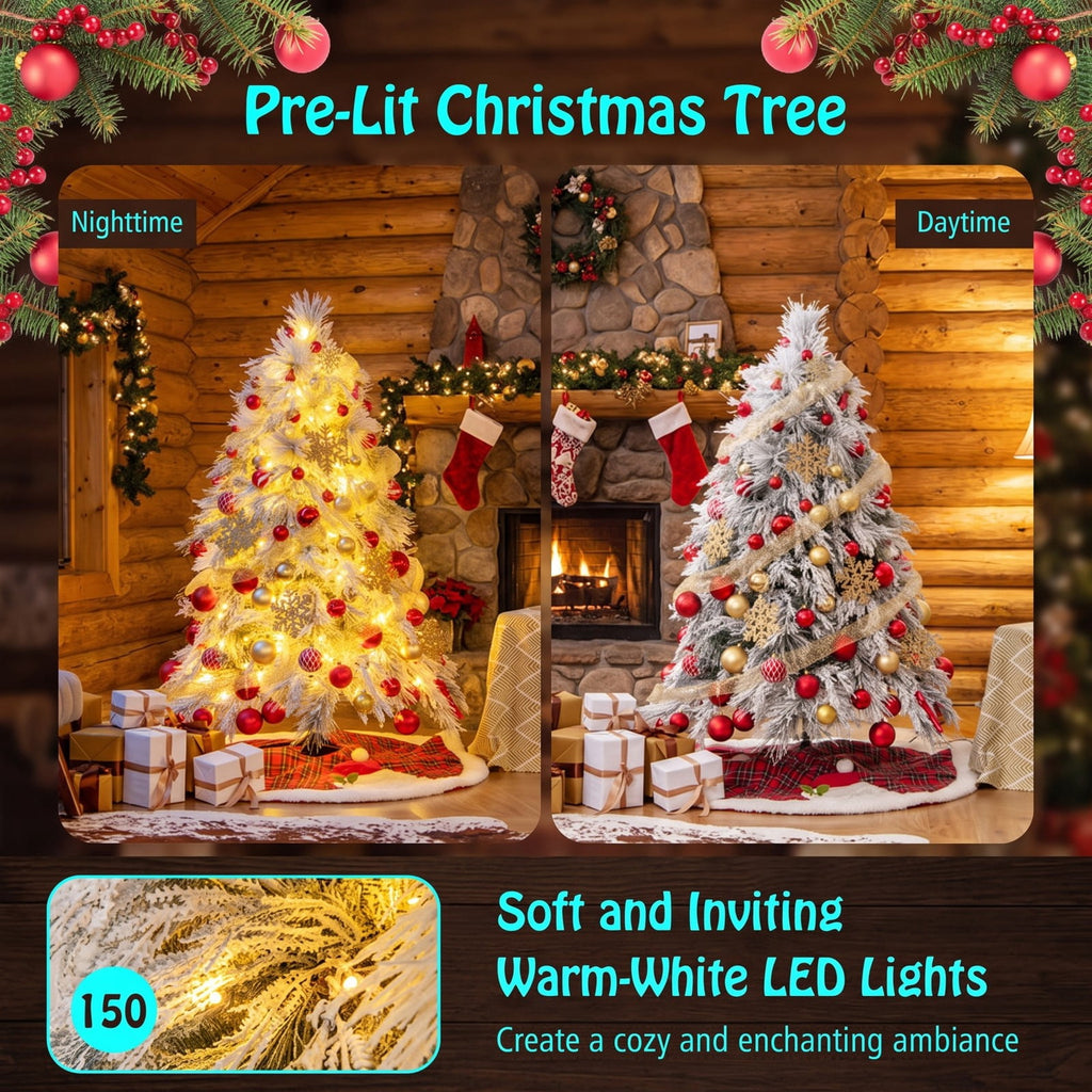 Airfind 4.5/6/7 Feet Pre-Lit Snow Flocked Christmas Tree with Warm White LED Lights-4.5 ft, White, Diameter of Stand 20/18/16 Inch