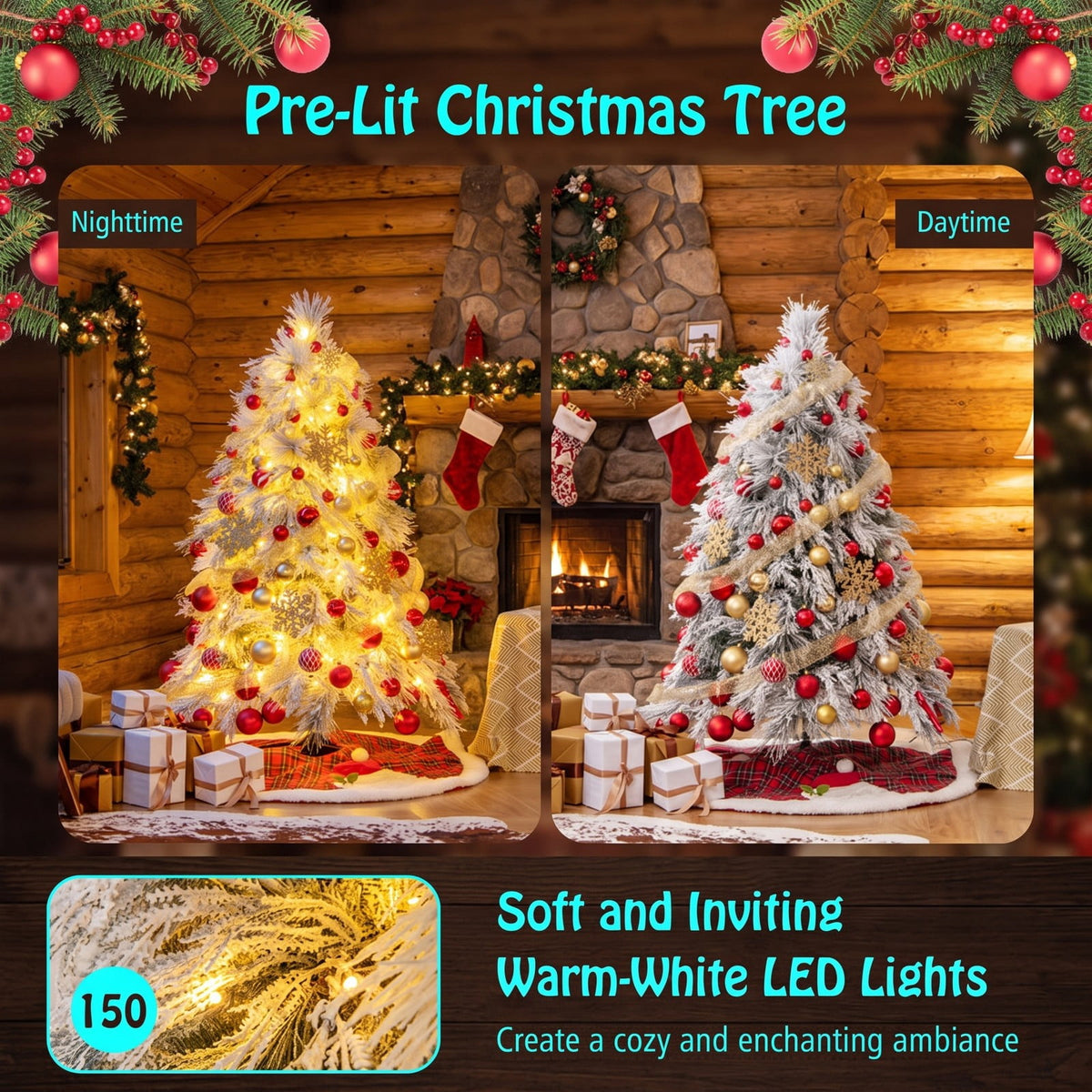 Airfind 4.5/6/7 Feet Pre-Lit Snow Flocked Christmas Tree with Warm White LED Lights-4.5 ft, White, Diameter of Stand 20/18/16 Inch