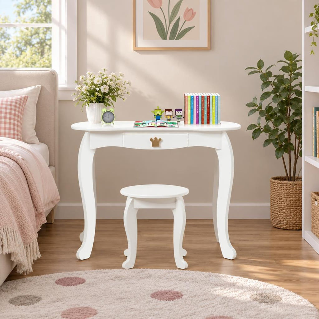 Airfind Kids Makeup Dressing Table with Tri-folding Mirror and Stool, 33 lbs Capacity, MDF pine Frame, 31.5in x 16.5in x 41.5in Footprint, White
