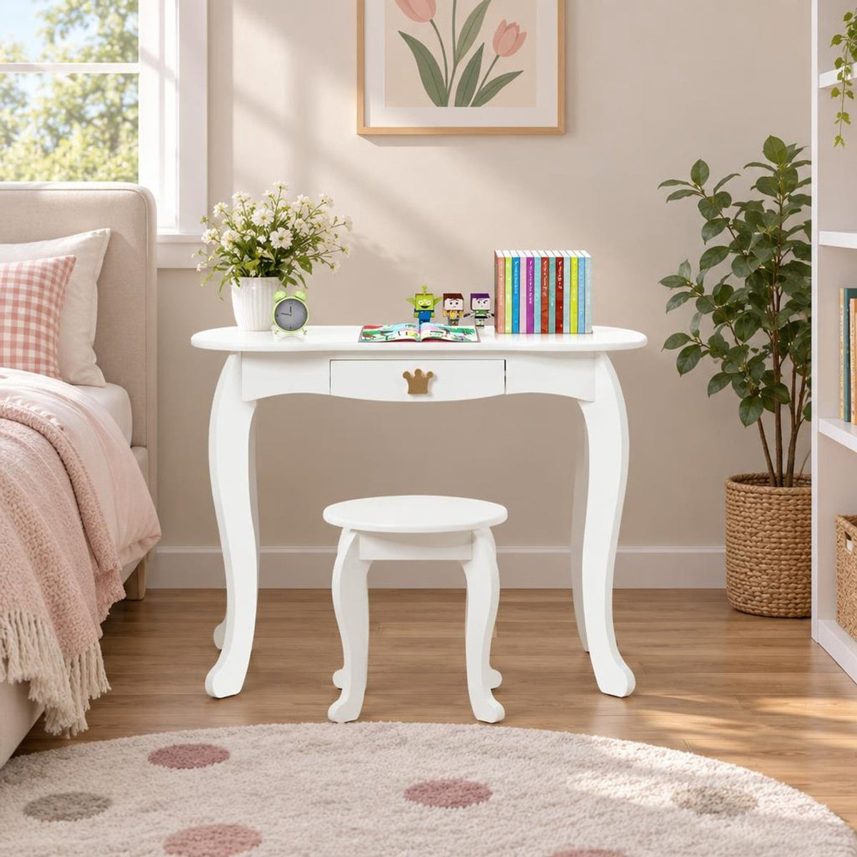 Airfind Kids Makeup Dressing Table with Tri-folding Mirror and Stool, 33 lbs Capacity, MDF pine Frame, 31.5in x 16.5in x 41.5in Footprint, White