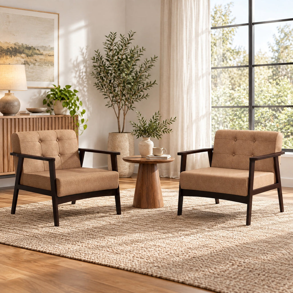 Airfind Rubber Wood Frame Accent Chair with Armrest for Living Room, 330 lbs Capacity, Rubber Wood Sponge Linen Fabric MDF Frame, Beige