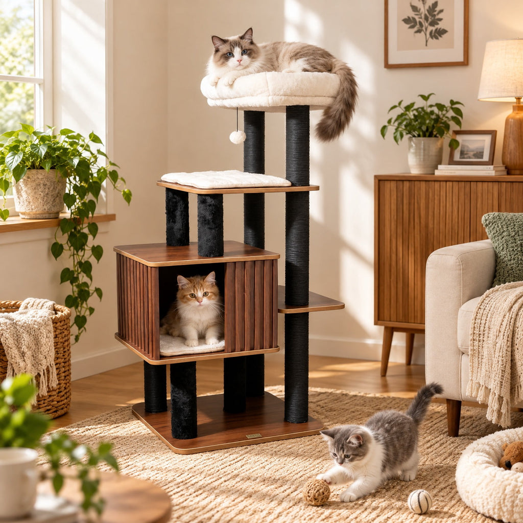 Airfind 53.5 inch Tall Cat Tree for Indoor Cat Wooden Cat Tower Top Perch with Soft Padding, 23in x 23in Cat Condo Footprint, Brown