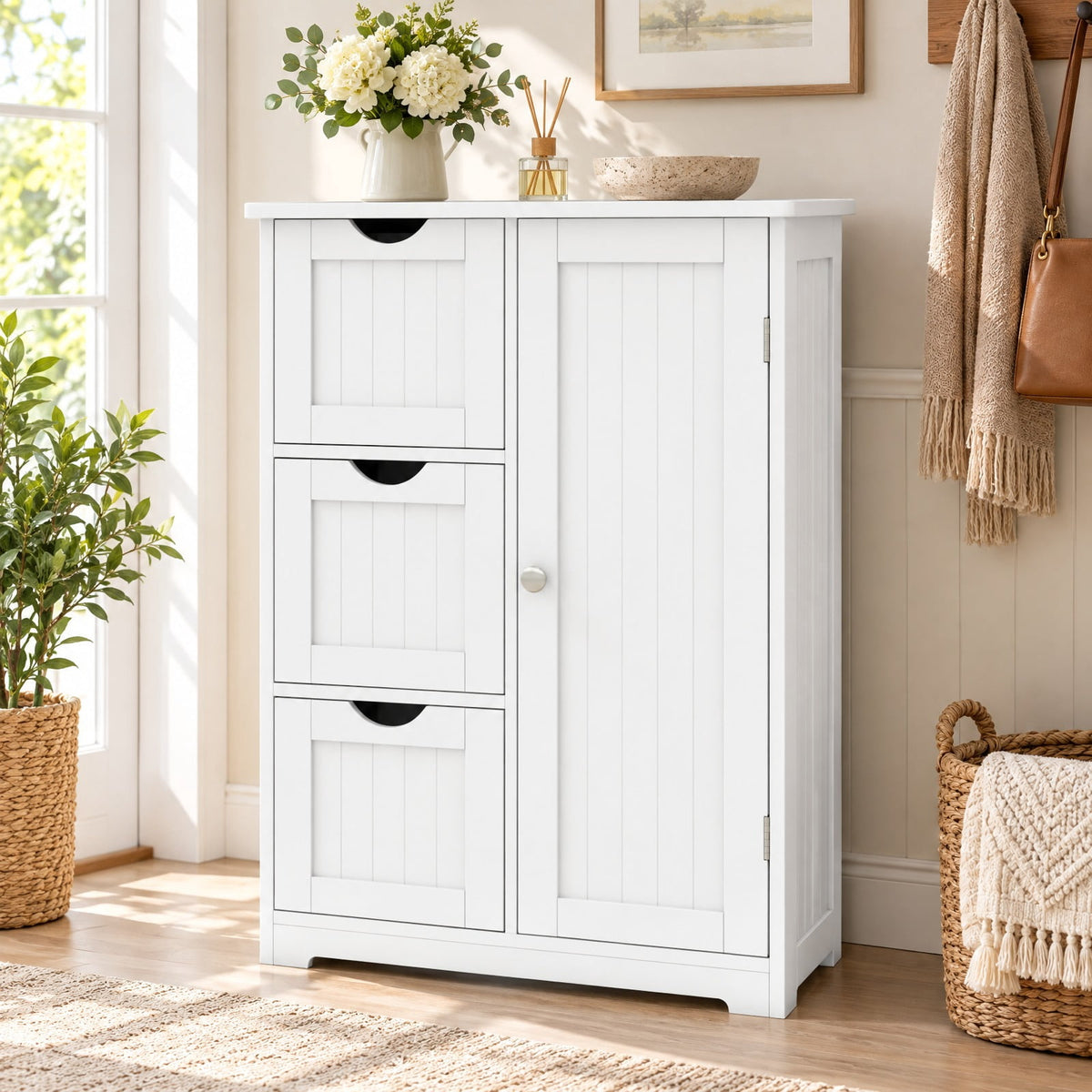 Airfind Bathroom Floor Cabinet Side Storage Cabinet with 3 Drawers and 1 Cupboard, MDF Frame, 24 x 12 x 32 Footprint, White
