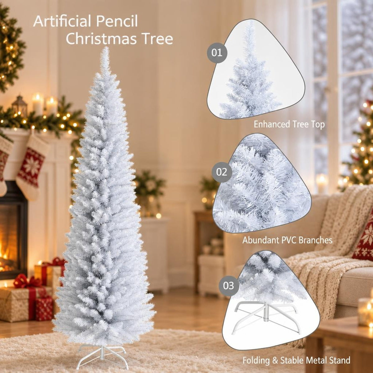 Airfind 7 Feet Unlit Artificial Slim Christmas Pencil Tree with Metal Stand-7 ft, PVC iron Height: 5ft/6ft/7ft Base width: 1.7ft/2.4ft/2.8ft Frame