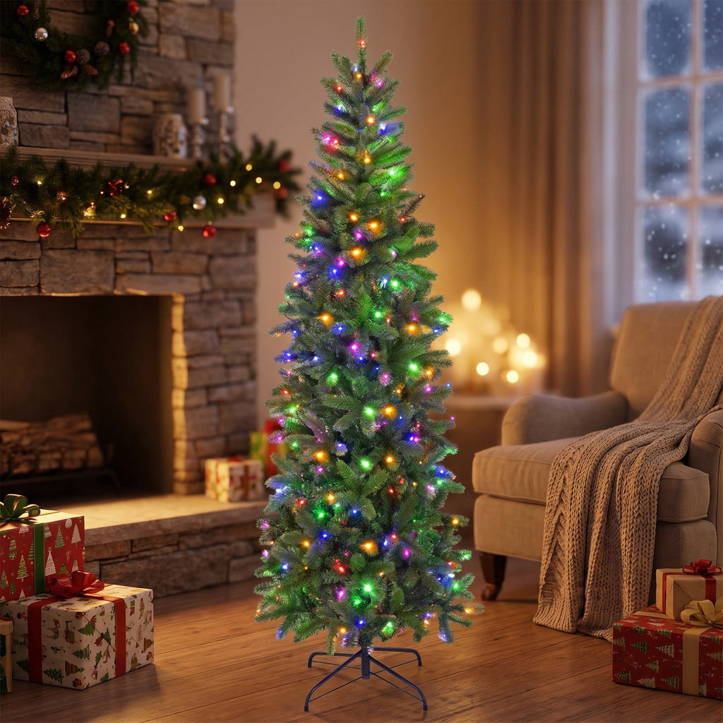 Airfind 6 Feet Pre-Lit Artificial Christmas Pencil Tree with 648 PVC PE Branch Tips, PVC PE metal Frame, 29.13 x 29.13 x 70.87 inch Footprint, Green