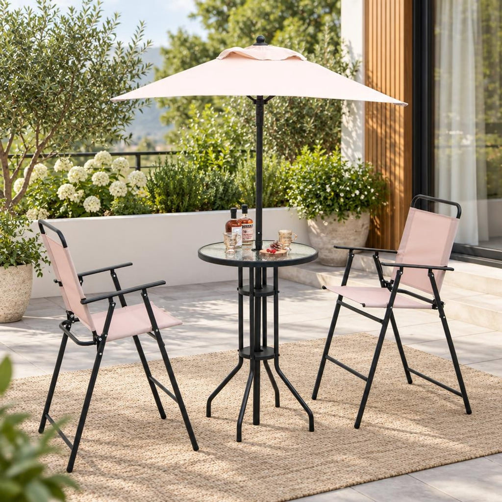 Airfind 4 Pieces Outdoor Bar Set with Umbrella, 110 lbs Capacity, Fabric Metal Tempered Glass Polyester Frame, 24 x 24 x 36 Footprint, Beige