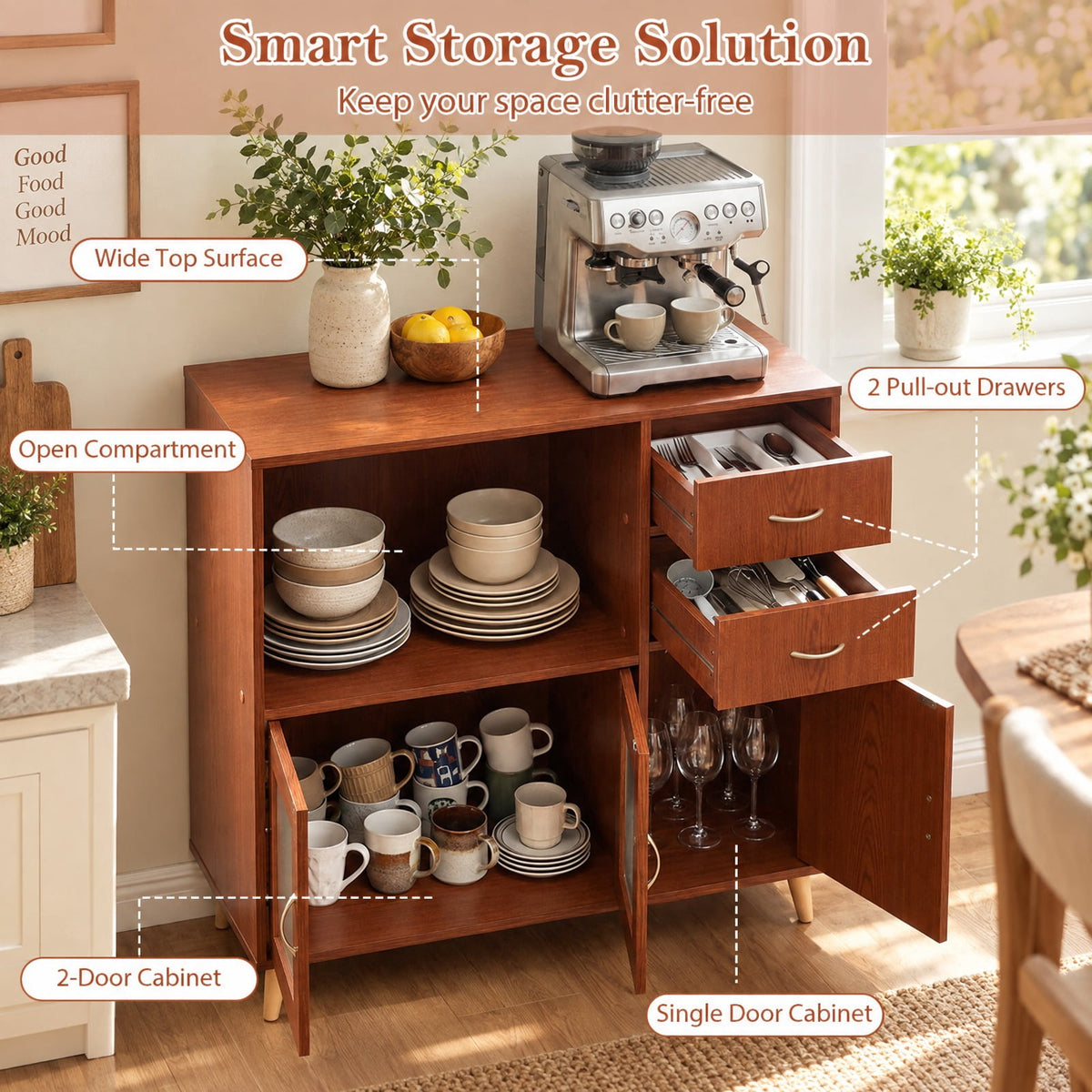 Airfind 36 Inch Sideboard Buffet Cabinet with Open Compartment, 125 lbs Capacity, Engineered Wood PC Frame, 36in × 16in × 35.5in Footprint, Brown